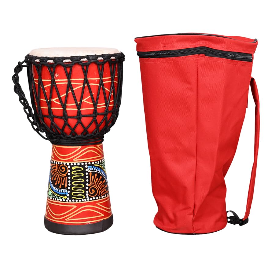 StarJam Dot Printed Djembe 8 Inches Diameter X 16 Inches Height Hand Mango Wood Drums with Bag - Red Color (8 x 16 Inches) - Ideal for of 5 to 12 Age