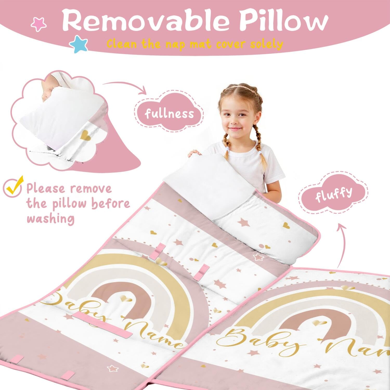 Personalized Name Toddler Nap Mat for Daycare, Customized Boho Rainbow Kids Sleeping Bag with Pillow and Blanket for Preschool Kindergarten Travel, Toddler Nap Sack for Girls