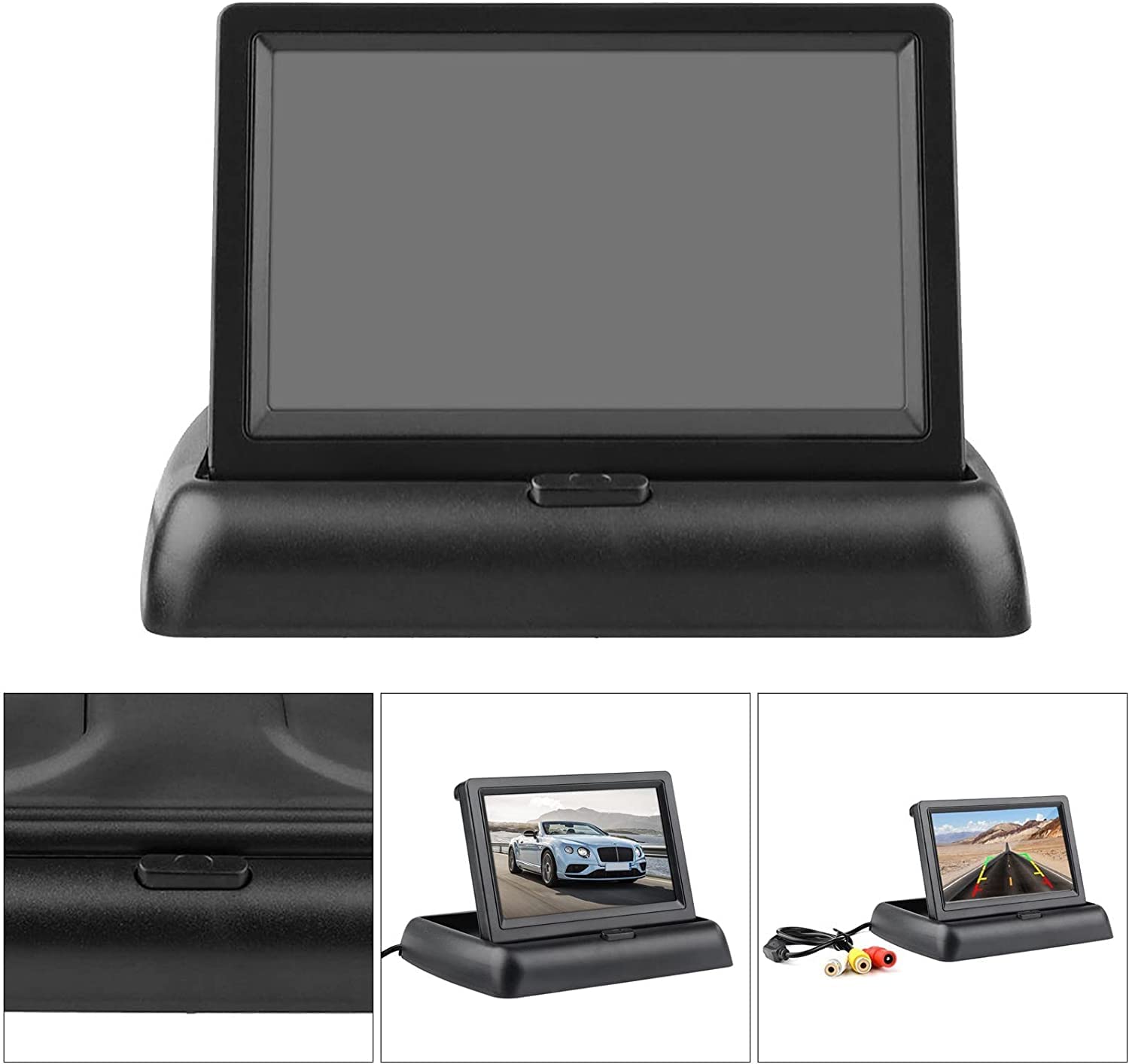 OBEST Écran de Caméra de Recul TFT LCD 4,3 Pouces, Écran Arrière de Base Rabattable à 2 Entrées Vidéo Système, Alimentation Directement Connectée au Commutateur, Entrée AV1 / AV2 12V