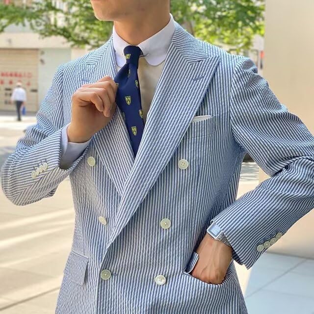 Men's Seersucker Striped Suits Double Breasted 2 Piece Casual Suit for Men Summer Wedding Grooms Blazer Jacket Pants Sets3