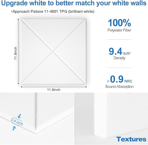 Miniatura 5 de Sonicism Paquete de 12 paneles acústicos forrados en X con autoadhesivo, paneles de espuma a prueba de sonido de 12 x 12 x 0.4 pulgadas, paneles