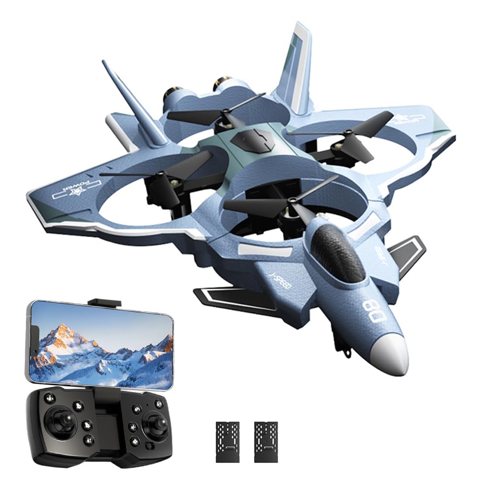 RC Fighter Jet, RC Plane 2.4GHz 4CH Remote Control Airplane with Camera, Foam RC Aircraft Glider with 3D Flip, Altitude Hold, Headless Mode, 2 Batteries, Easy to Fly for Adults Kids (Gray)