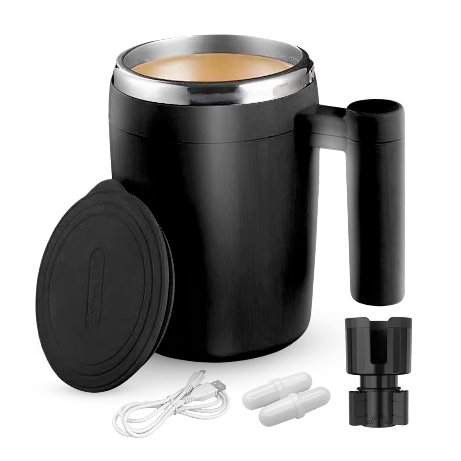 Self Stirring Mug Bundle, Automatic Stainless Steal Mixing Cup, Magnetic Self Mixing Coffee Mug, Rechargeable Mixing Cup with Lid for Coffee, Tea, Hot Chocolate or any concoction drink. (black)