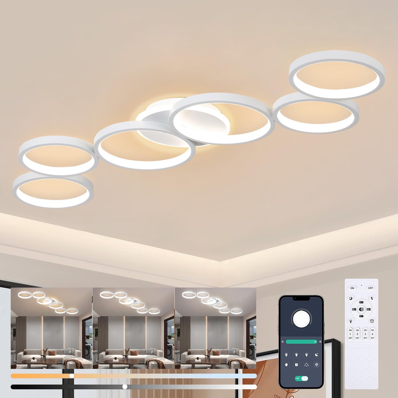 Liyabber LED Deckenleuchte Dimmbar Wohnzimmer Deckenlampe Weiß Wohnzimmerlampe Schlafzimmerlampe Fernsteuerung und App Steuerung, Modern 6-Rund Ring Deckenbeleuchtung mit Memory Funktion, L113cm/69W