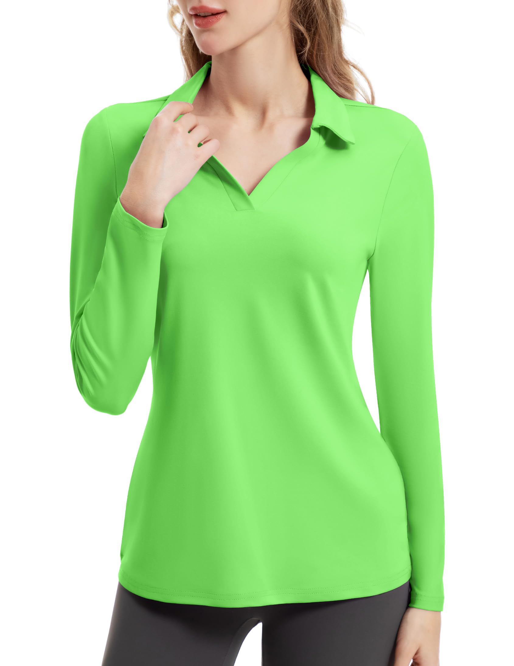 FKEEP Women's Tennis Golf Shirt Long Sleeved Top Sport Activewear V-Neck Workout Athletic, 22 Lime Green, L