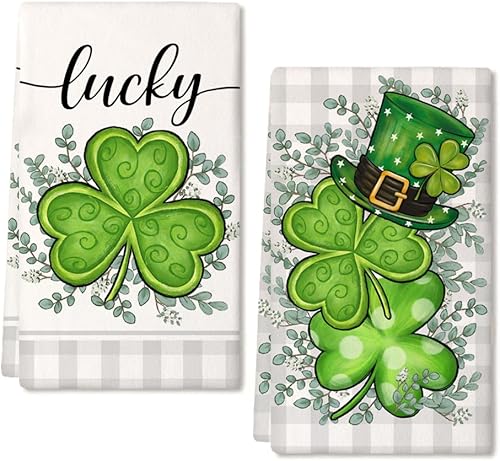 ARKENY Juego de 2 toallas de cocina del Día de San Patricio, con sombrero de trébol verde, paños de cocina del día de San Patricio, 18 x 26