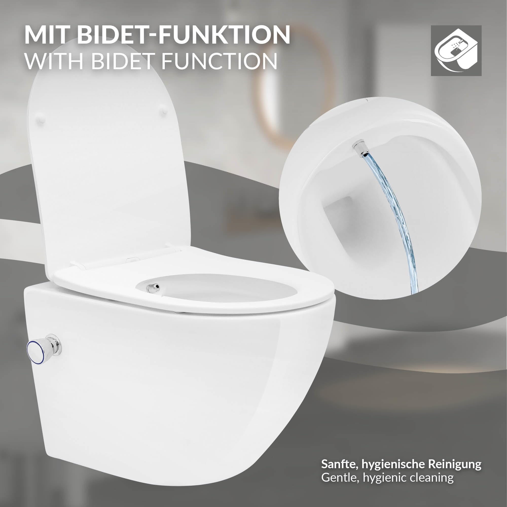 LuxeBath WC Cerámico Suspendido Corto 49cm con Función de Bidé con Nanorecubrimiento, Inodoro Colgante Blanco Mate sin Cisterna, Asiento de WC Extraíble con Softclose en Duroplast Bajada Automática
