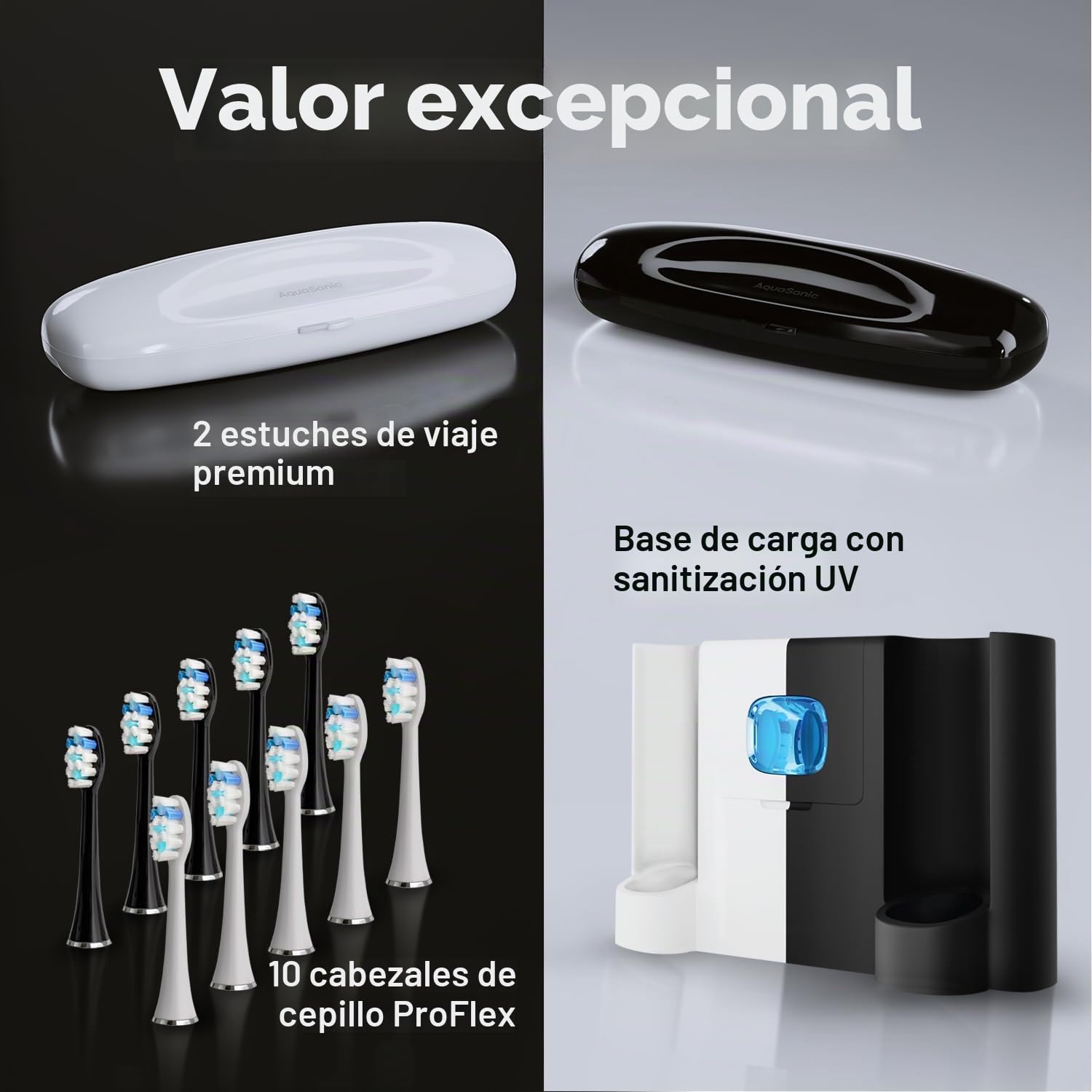 AquaSonic Duo PRO,Sanitización UV y base de carga inalámbrica,10 cabezales de cepillo ProFlex y 2 estuches de viaje