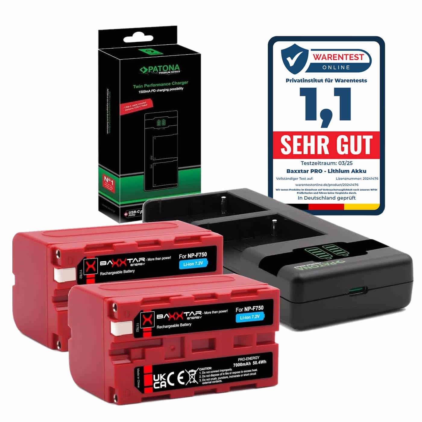 Baxxtar Pro NP-F750 Batteries 2X (7000 mAh - 50.4 Wh) avec Chargeur USB PD Performance 161951 (1500 mA) Compatible avec Sony NP-F970 NP-F750 NP-F960 NP-F570 NP-F550 etc