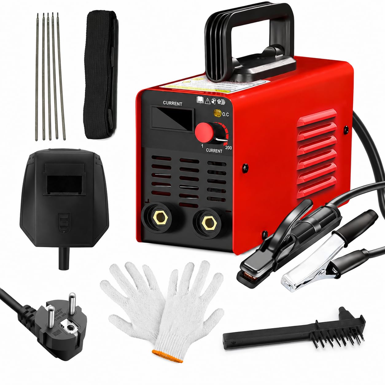 Soldadora de electrodo MMA de 200 A, soldadora de arco de 220 V con pantalla LED, kit con casco de soldadura, martillo para escoria, cepillo con arranque en caliente