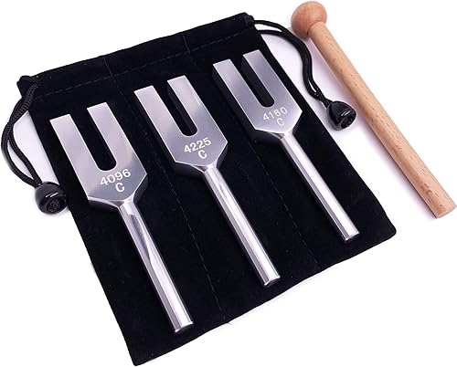 Juego de tenedores de afinación de ángel, 4096 Hz, 4160 Hz, 4225 Hz para instrumento musical curativo, con martillo de madera y bolsa de