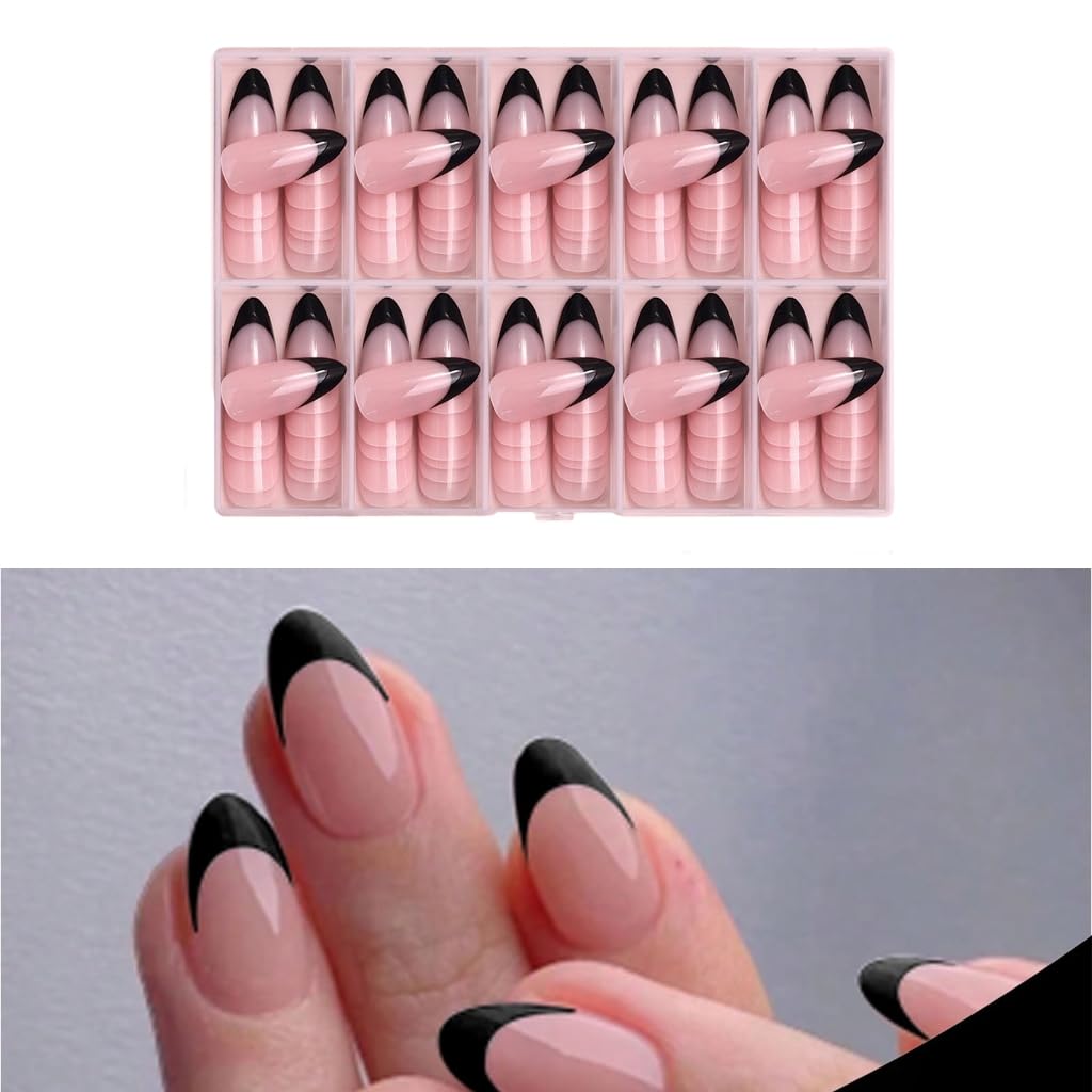 120 Pcs/Box Almond False Nails Full Covers Stick on Nails Black French Tip Nails Artificial False Nails