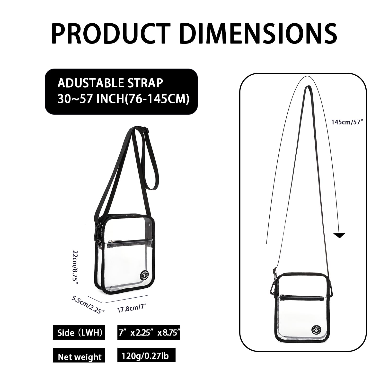 FARMARK Stadium Approved Clear Crossbody Bag - Waterproof Transparent Purse with Front Pocket | Lightweight Clear Bag for Concerts, Sports Events & Music Festivals (BLACK)