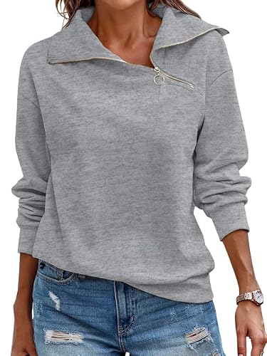 Womens Zipper Sweatshirt Turtleneck Long Sleeve Pullover Casual Loose Sweatshirts Top T Shirts Light Grey #TOP15