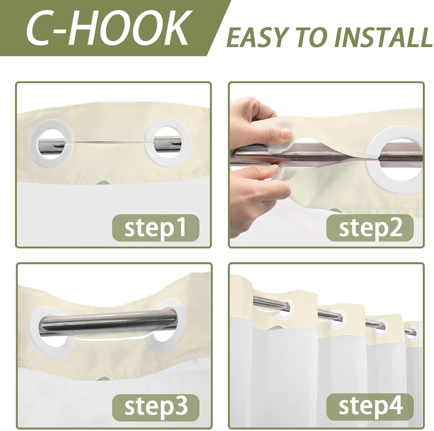 Forest Hookless Shower Curtain with Snap in Liner, Nature Mountain No Hook Double Layer Shower Curtain and Liner Set, Ringless with Window Waterproof Cloth Fabric, 71" W x 74" L, Green