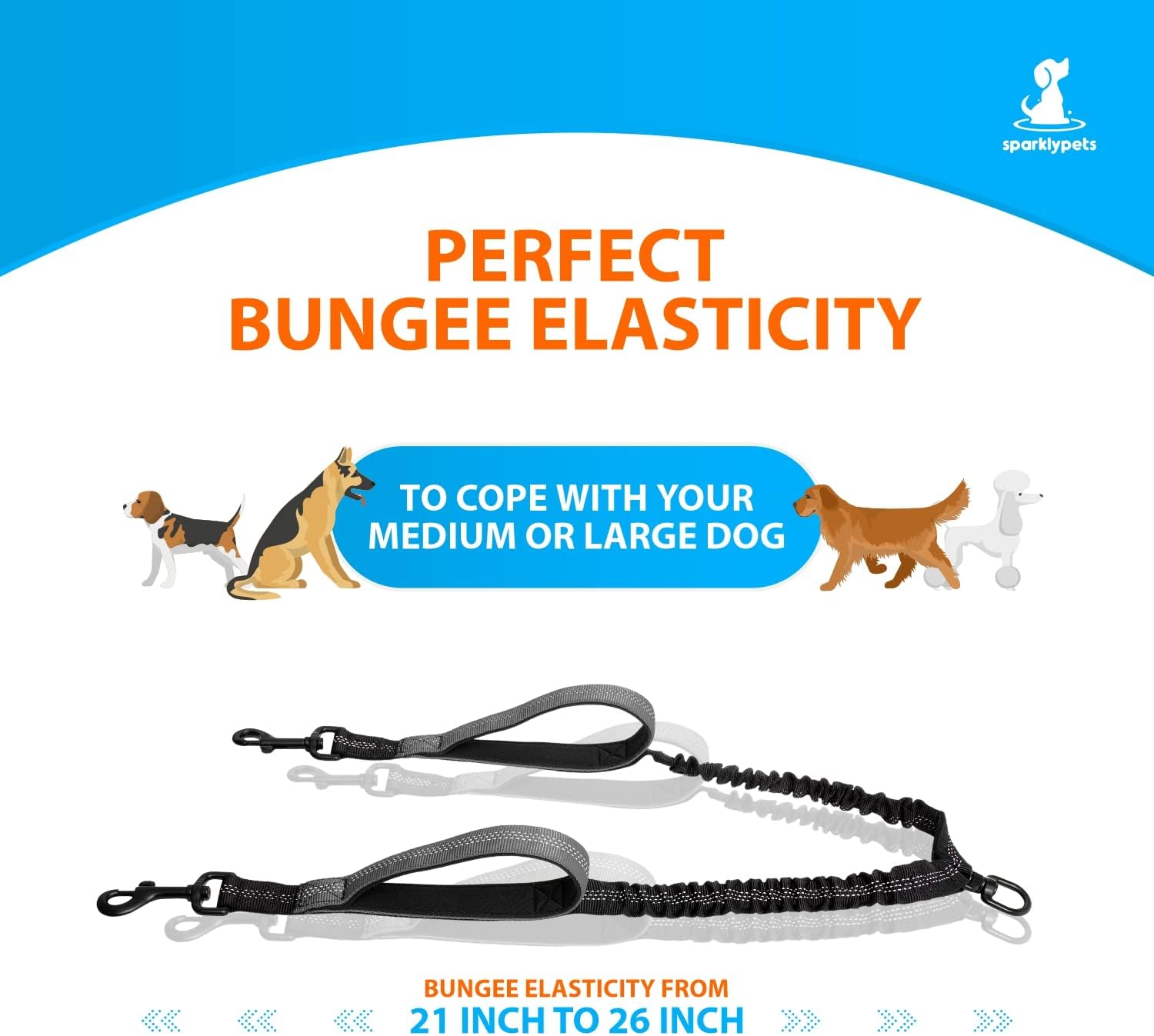 SparklyPets Hands Free Dog Leash for Medium and Large Breeds – Professional Harness with Reflective Stitches for Training, Walking, Jogging and Running Your Pet (Gray, for 2 Dogs Only Coupler)