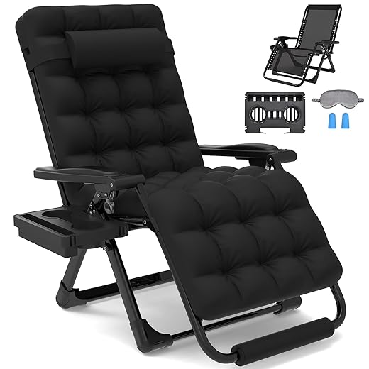 Slendor Oversized Zero Gravity Chair 29In,Gravity Recliner Chair for Indoor Outdoor,XL Padded Patio Lounge Chair with Headrest, Upgrade Aluminum Alloy Lock, Cup Holder,Support 500lbs,Black