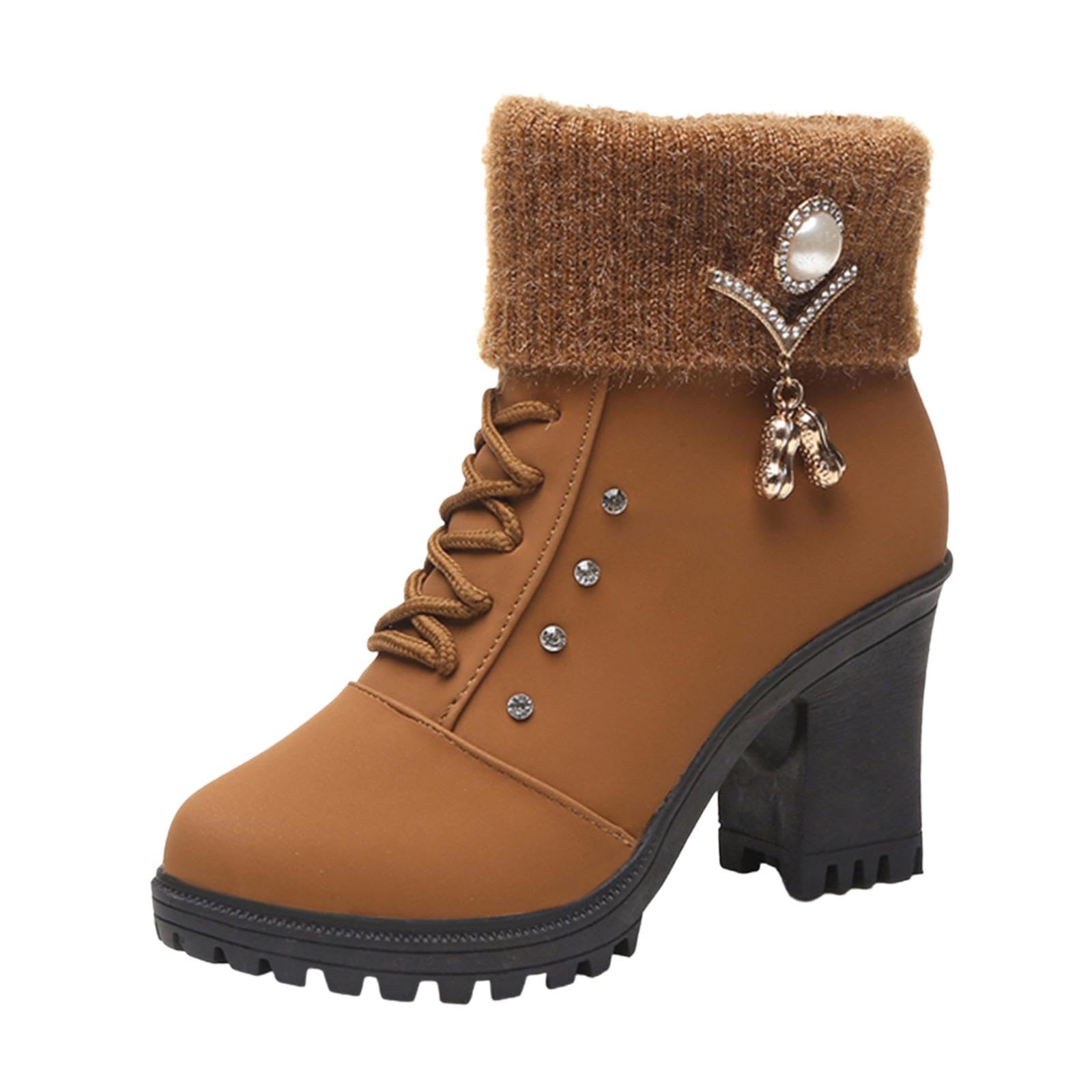 Women Winter Boots Cold Weather High Heeled With Zipper Closure Trendy Shoes 41 Brown | Womens Shoes | Boots-image-47