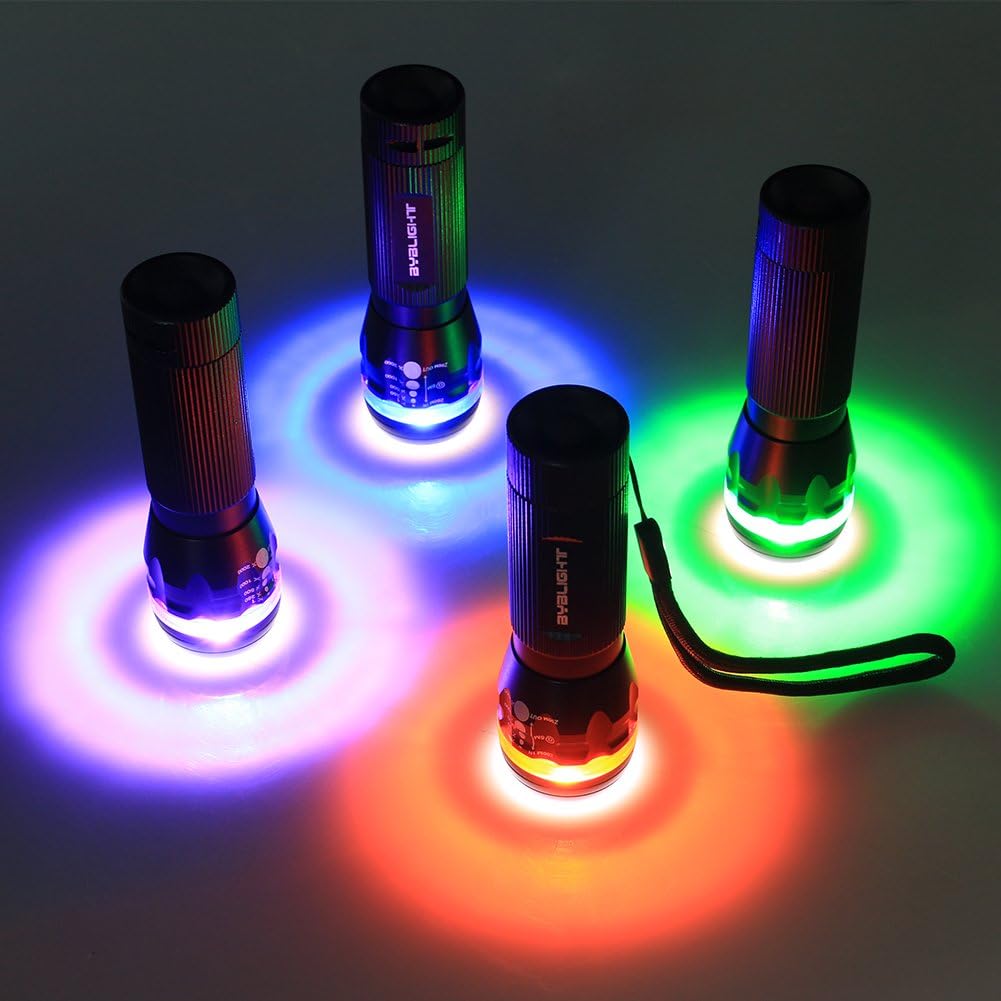 Pack of 4 Flashligts, BYBLIGHT Small Flashlight with Colored Band, Zoomable, 150 Lumens LED Flashlight, 3 Modes for Indoors and Outdoors(Car, Emergency, Capming and Kids) (Colorful)