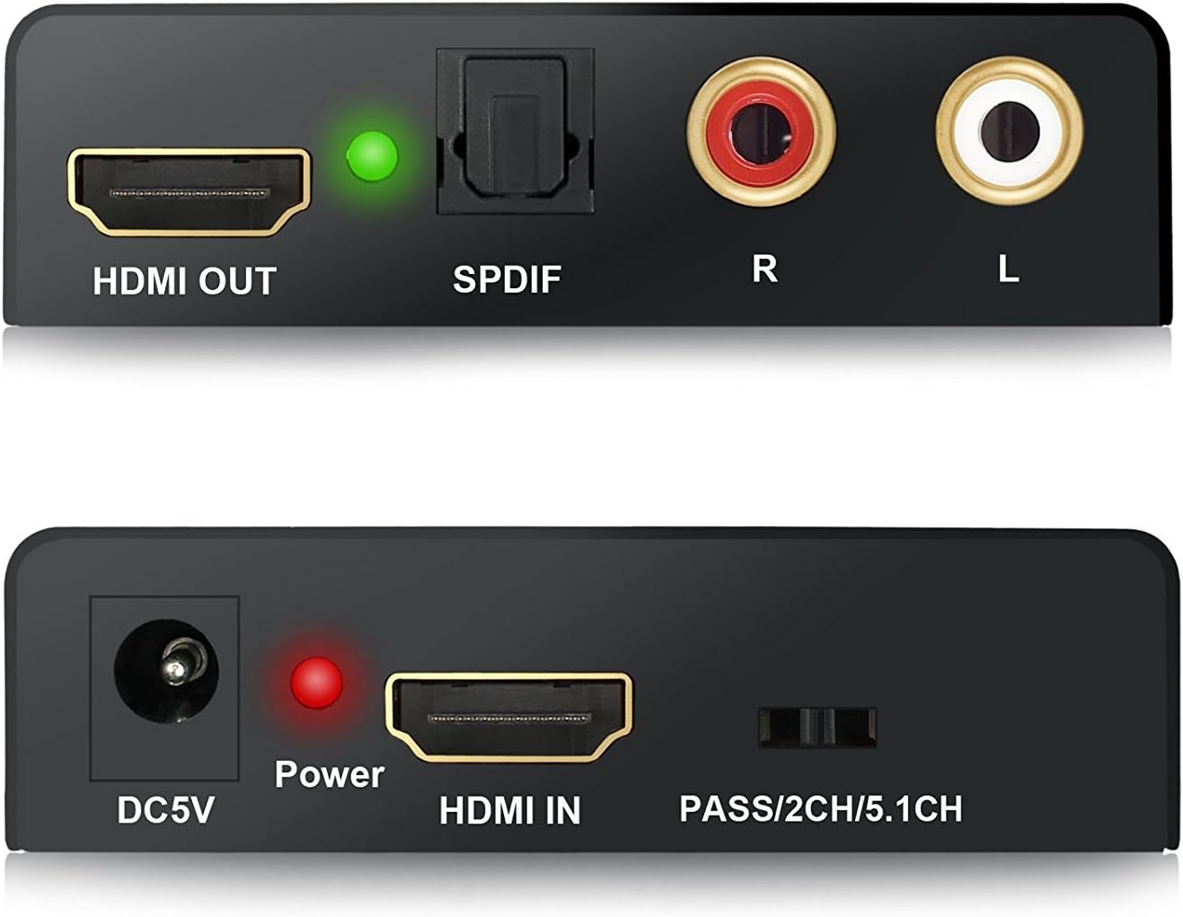 Front and rear panels of the Neoteck DAC04 HDMI Audio Extractor showing ports and switches