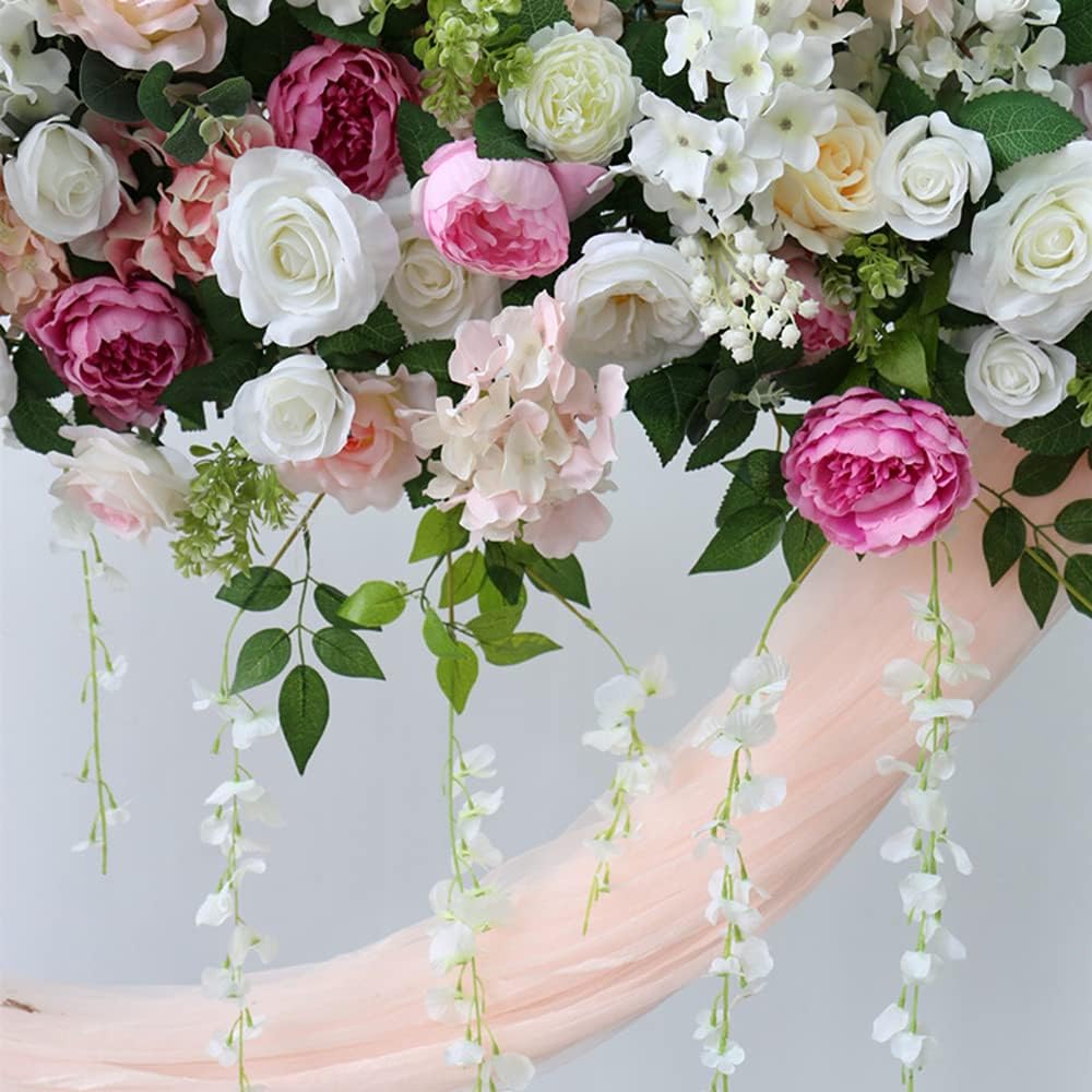 100cm Artificial Rose Flower Backdrop Wedding Row Decor Centerpiece Table Decorations Silk Decorative Faked Flower Wedding Flower Garland Floral Wall for Wedding Party Table Decoration (Pink Whiter)