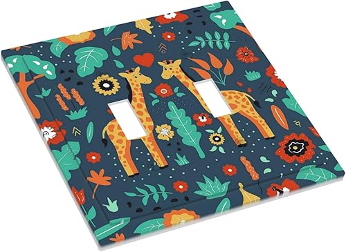 Miniatura 3 de Cubierta de interruptor de luz de doble palanca de jirafa de dibujos animados bohemios, plantas tropicales florales, placa frontal eléctrica para