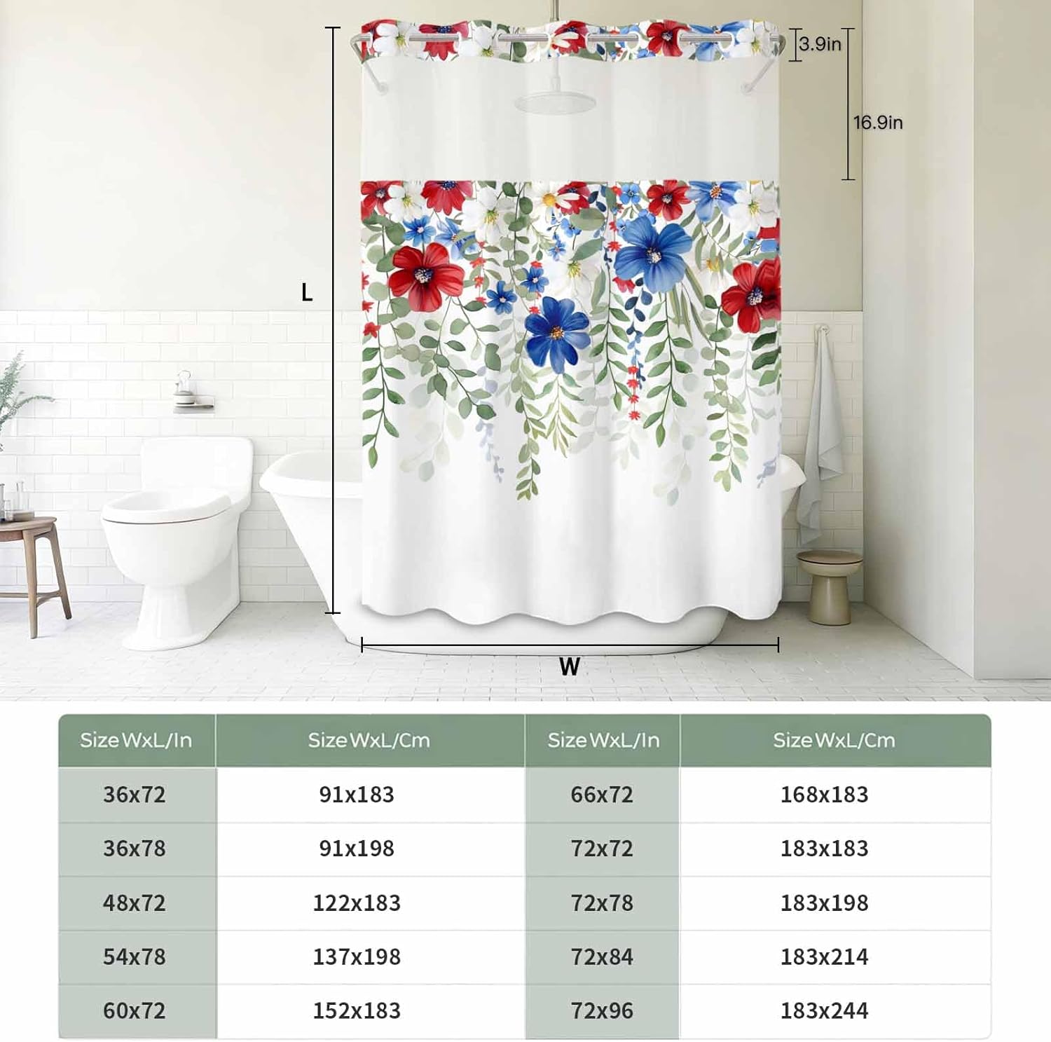 No Hook Shower Curtain and Snap in Liner Set, Red Blue Flowers 4th of July Fabric Bathroom Shower Curtains 66x72 Inch, See Through Mesh Top Window, Independence Day Botanical Hotel Style, Washable