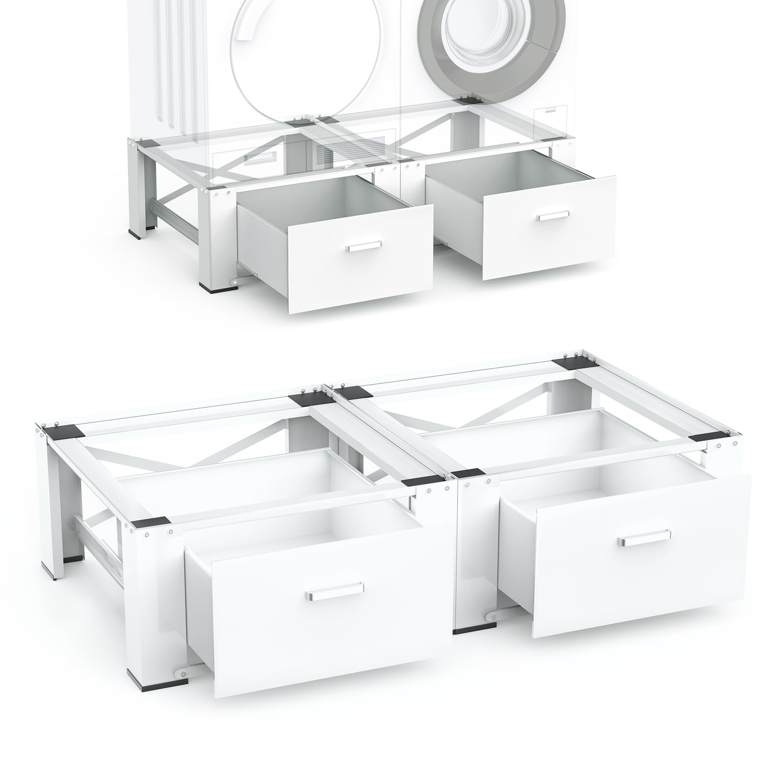 SKM Washer and Dryer Pedestal with Drawer, Laundry Pedestal for Washer and Dryer Stand, Heavy Duty Steel Washing Machine Stand Height Raiser (2, white, 28" W x 29" D x 14" H)