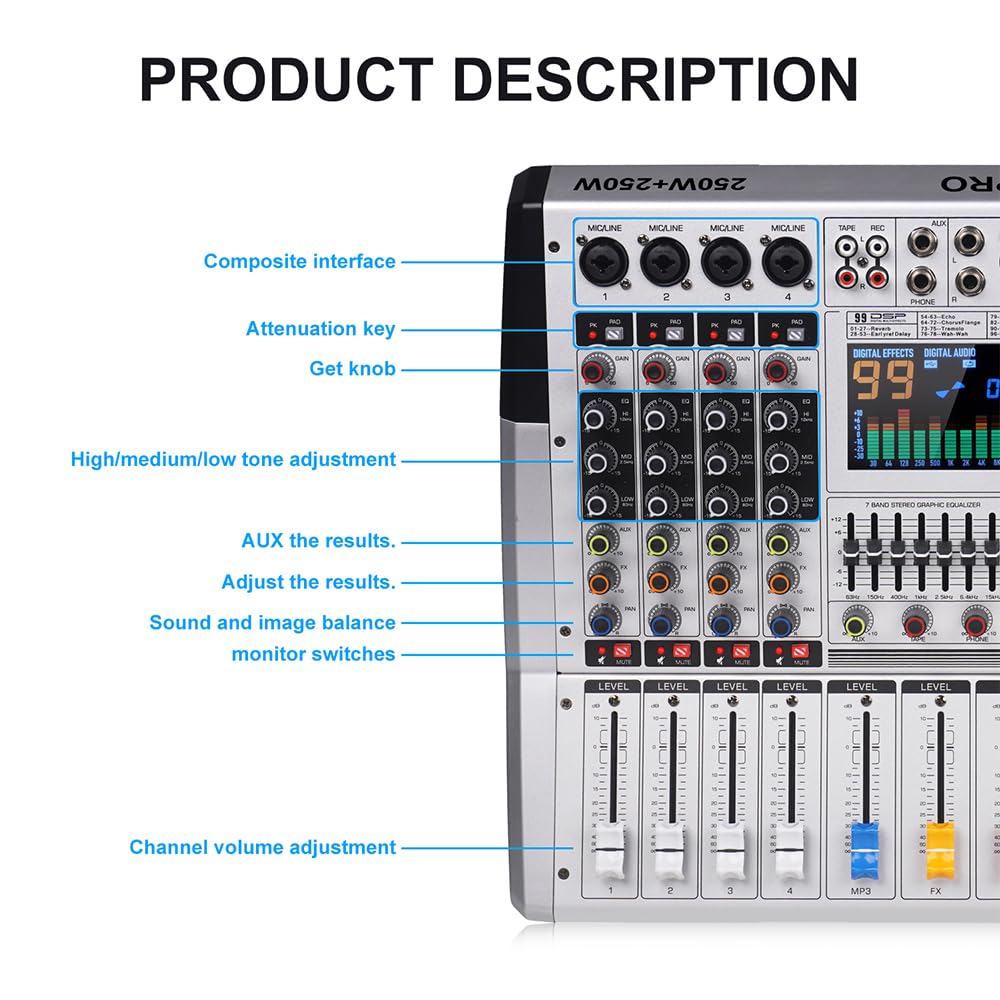 VR-6 PRO Mixer Audio - Amplificatore ad Alta Potenza da 550W x 2, 99 Effetti DSP, Console DJ Audio Bluetooth, Display a Grande Schermo Spettro, Tuner DJ con Riduzione Intelligente del Rumore