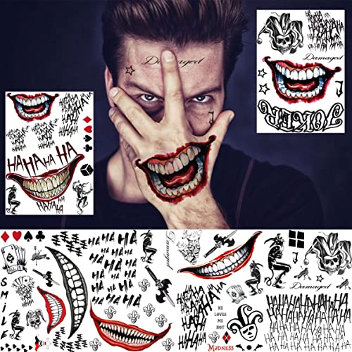 Image of GOROMON 6 Sheets The Joker Temporary Tattoos For Halloween Makeup Kit, Suicide Squad Joker Tattoos Stickers For Women Men Adults, Damaged Tattoo Joker Hand Smile Face Poker Prisoner Costume Skull Set