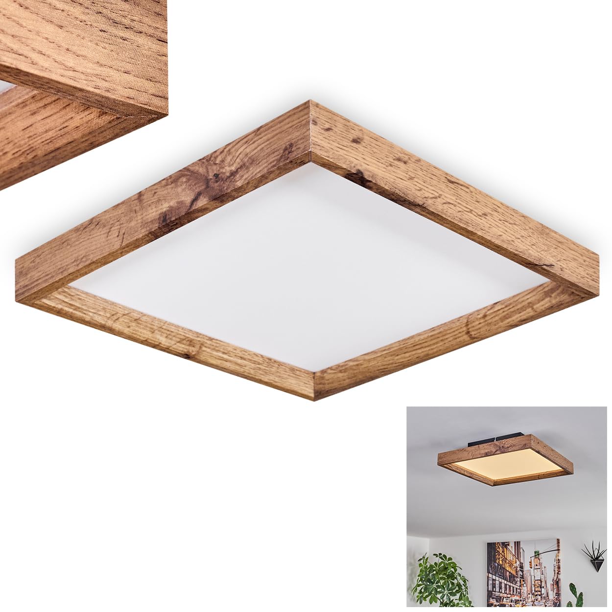 LED Deckenpanel Longvic, moderne Deckenleuchte aus Metall/MDF/Kunststoff in Schwarz/Holzoptik/Weiß, 30 cm x 30 cm, 12 Watt, 1400 Lumen, 3000 Kelvin
