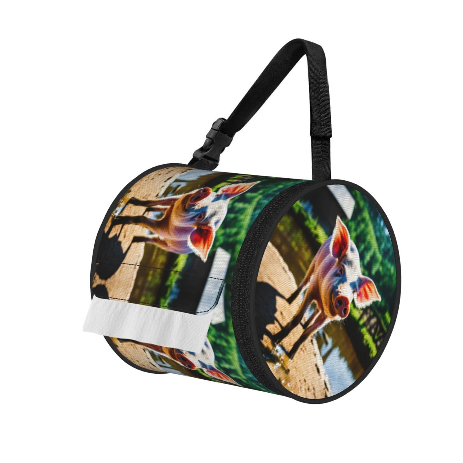 Cute Pig Printed Hanging Tissue Organizer, Smooth Zipper Oxford Cloth Roll Holder for RV Bathroom Desk