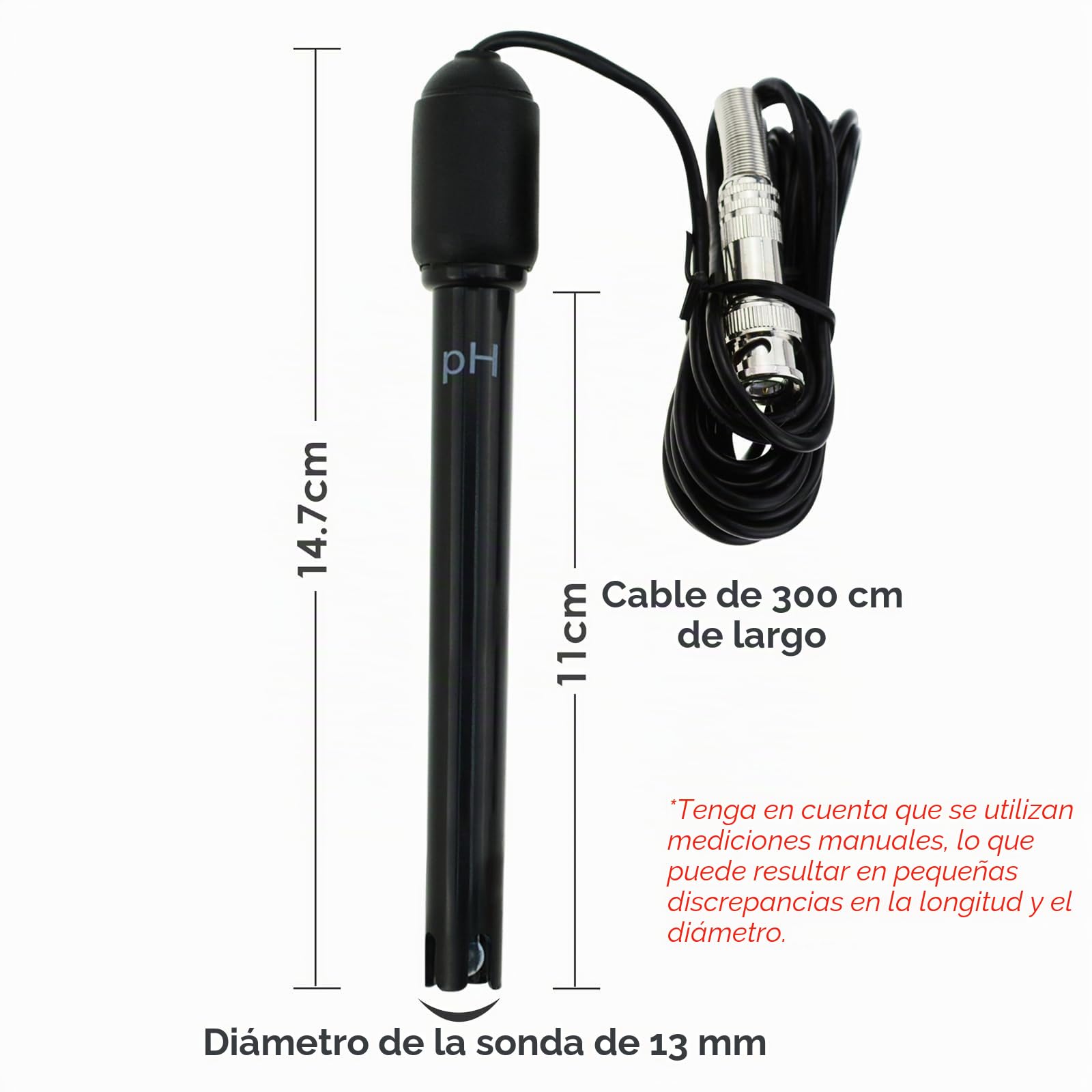 Sonda de pH 0-14 Conector BNC Cable 300cm para Medidor PH Monitor Controlador Sensor Kit Reemplazo Acuario Hidroponía