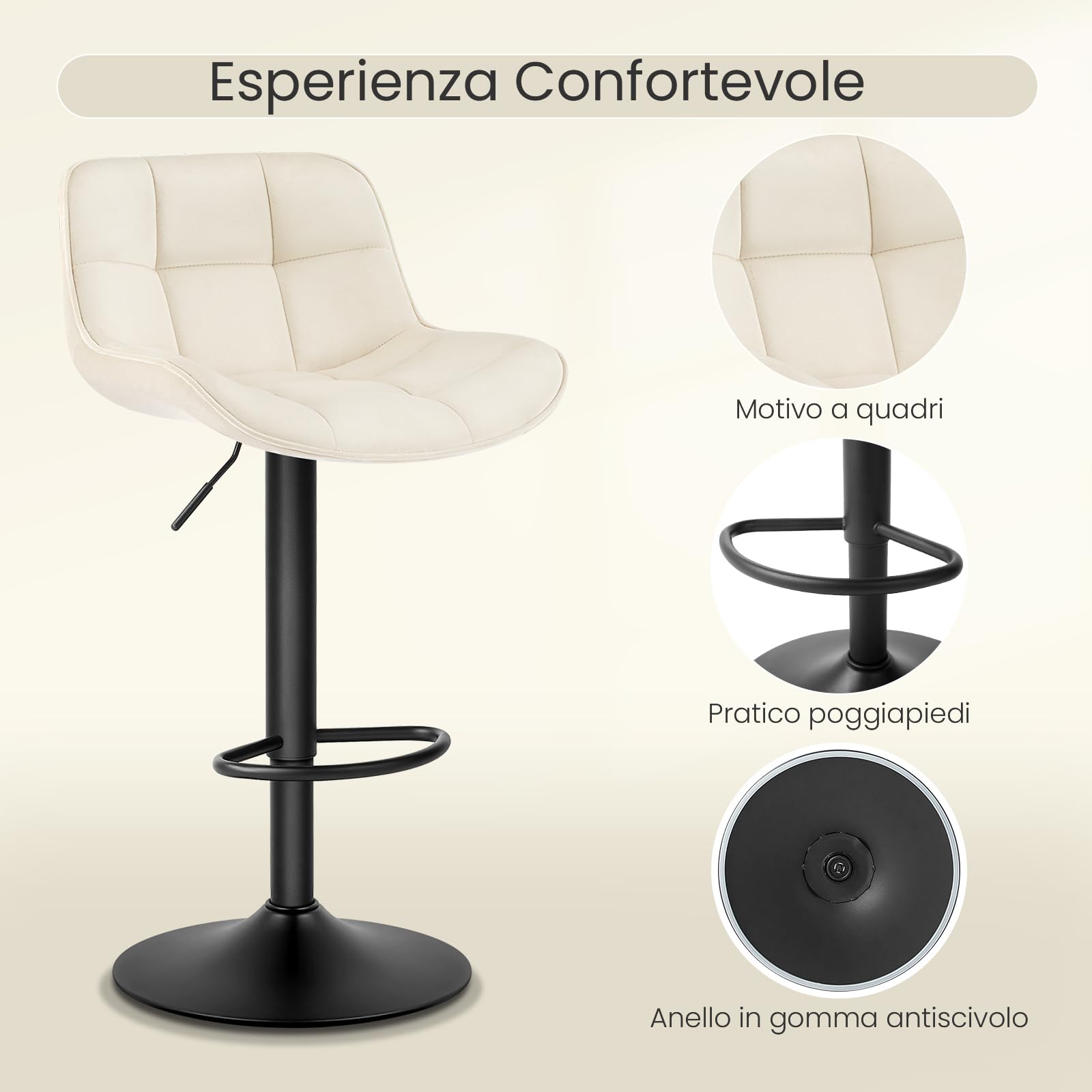 EUGAD Sgabelli Bar Set di 2 con Schienale, Regolabile, Velluto, Crema | Sgabello da Cucina, con Poggiapiedi, Sedia Alta Girevole, con Seduta Imbottita, Altezza Sedile