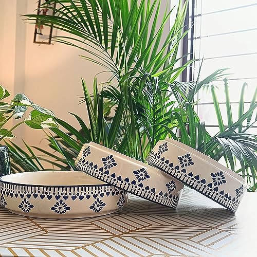 Image of Niyara Stoneware Handmade Ceramic Stylish Premium Serving Bowls /Salad Tray Microwave Dishwasher Safe (Blue jhalar Salad Bowl Set of 3)