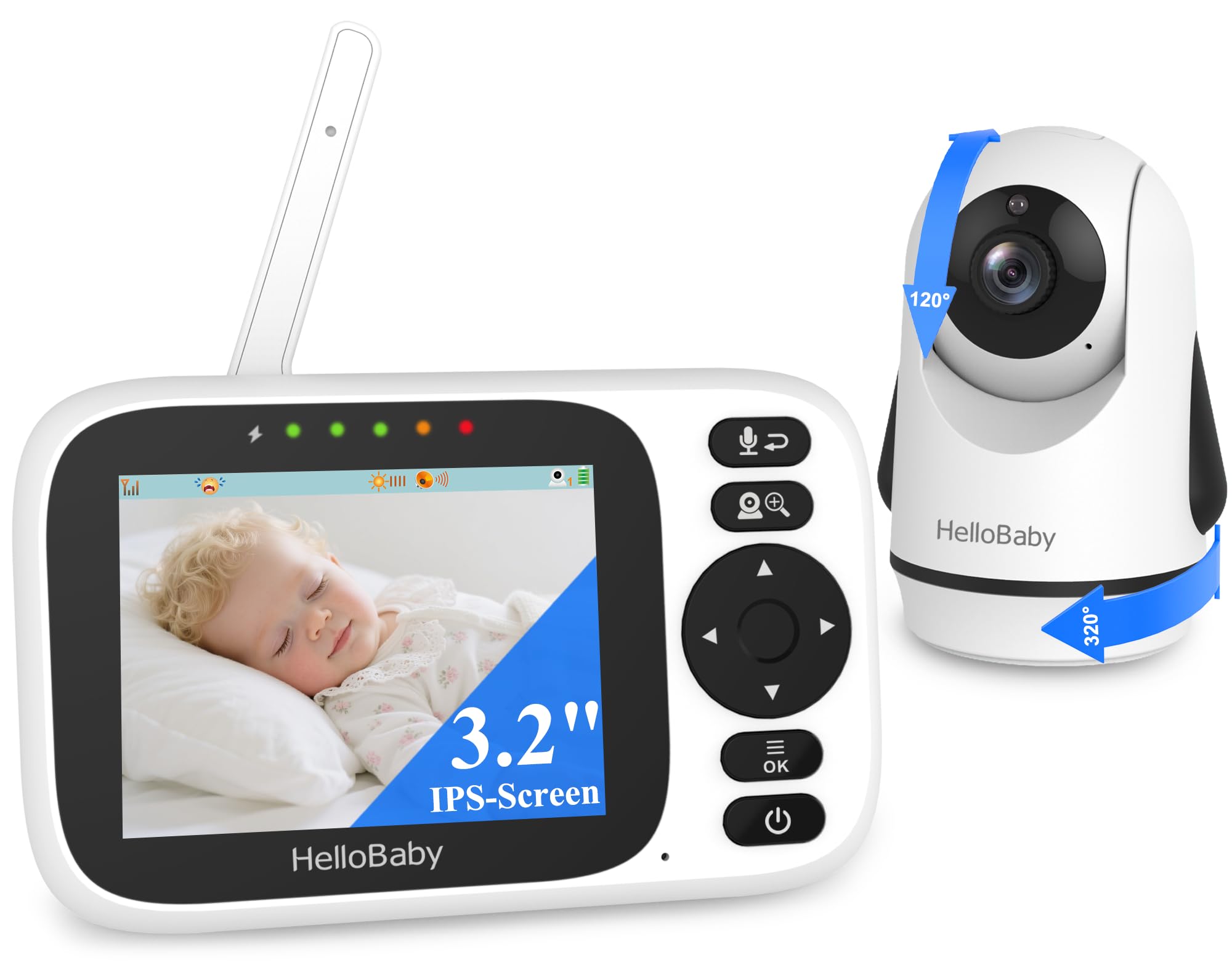 HelloBaby Baby Monitor with Camera and Audio, Video Baby Monitors Night Vision, Pan 320°& Tilt 120° Without WiFi, 3.2’‘ IPS Display 2-Way Talk, ECO Mode, 1000ft, 8 Lullabies and 8 Languages (HB6339)