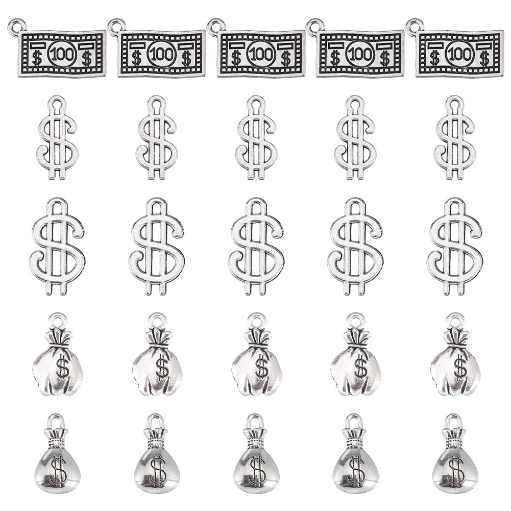 SUNNYCLUE 1 Box 80Pcs 5 Styles Silver Dollar Charm Money Bag Charms Antique Alloy Metal Tibetan Bill Dollars Sign Charm Bulk for jewellery Making Charms Women DIY Bracelets Necklaces Earrings Crafts