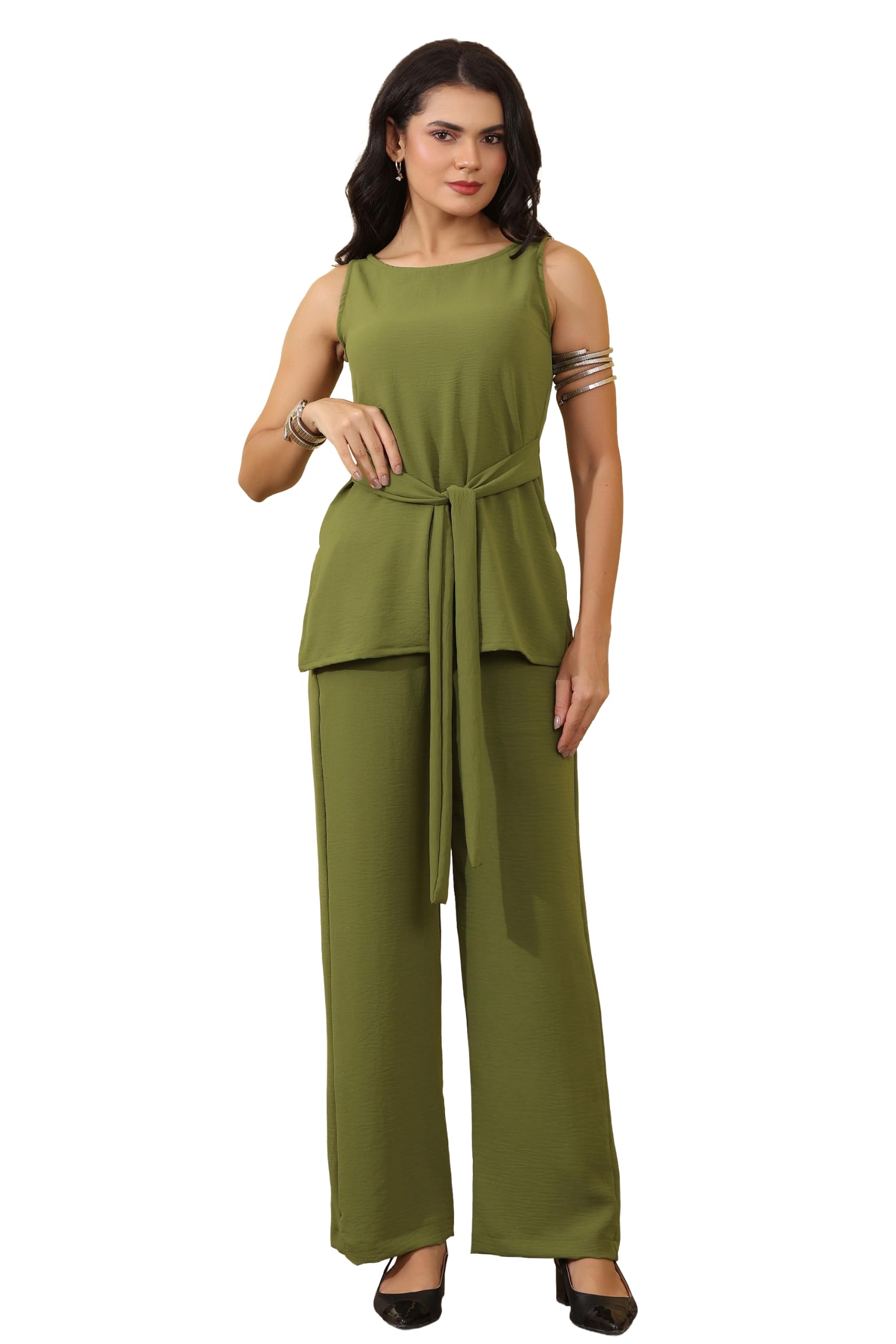 Women's Solid Olive Green Sleeveless Top & Palazzo Pant Co-Ord Set | Belted Waist Casual Outfit-image-30