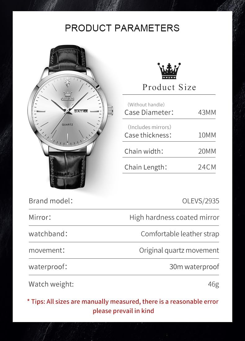 OLEVS Mens Watches, Dress Waterproof Classic Analog Casual Luxury Wrist Watch for Men with Date, Easy to Read Relojes para Hombres Male Quartz Wristwatch with Brown Black Leather Band Blue Black Dial - Image 6