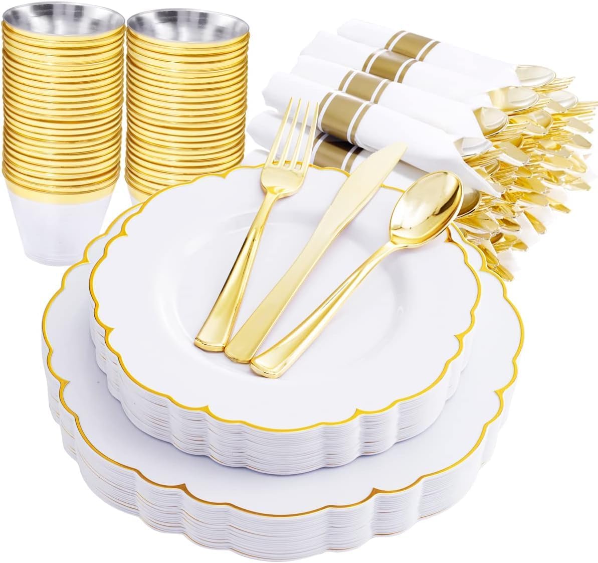 Morejoy 175PCS Gold Plastic Plates,White Gold Disposable Plates with Pre Rolled Napkins:25 Dinner Plates,25 Dessert Plates,25 Spoons,25 Forks,25Knives,25Cups,25Napkins for Party & Christmas