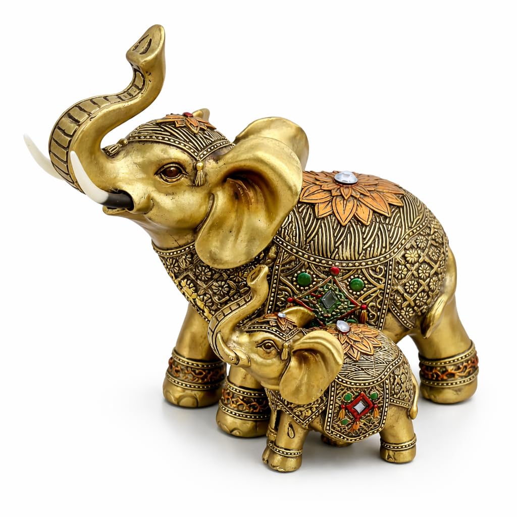 CHIBRO Decorative Elephant Showpiece for Home Décor | Resin Lucky Elephant Statue with Mother & Baby Design | Tabletop Feng Shui Good Luck Idol (Golden Elephant Family)