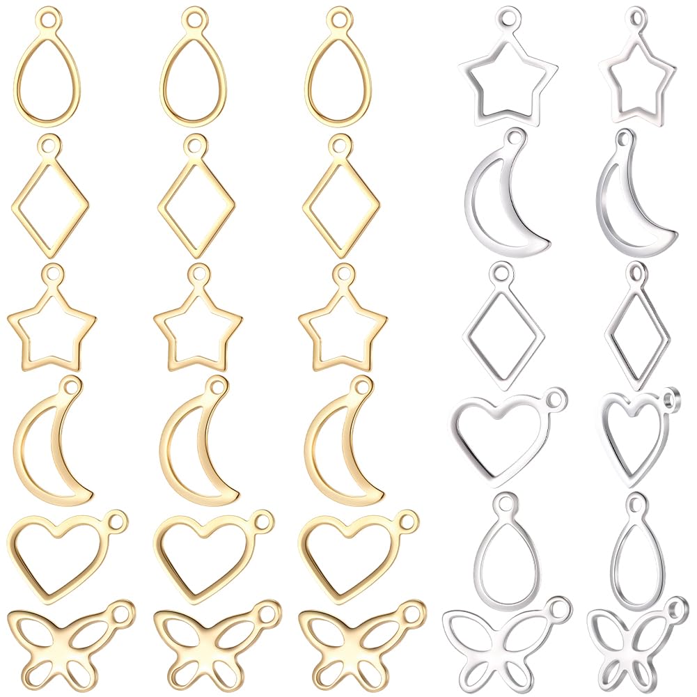 120Pcs 12 Styles Hollow Frame Pendants 304 Stainless Steel Teardrop Rhombus Heart Butterfly Star Charms Resin Craft Bezels Molds for Jewellery Making Necklaces Earring Supplies