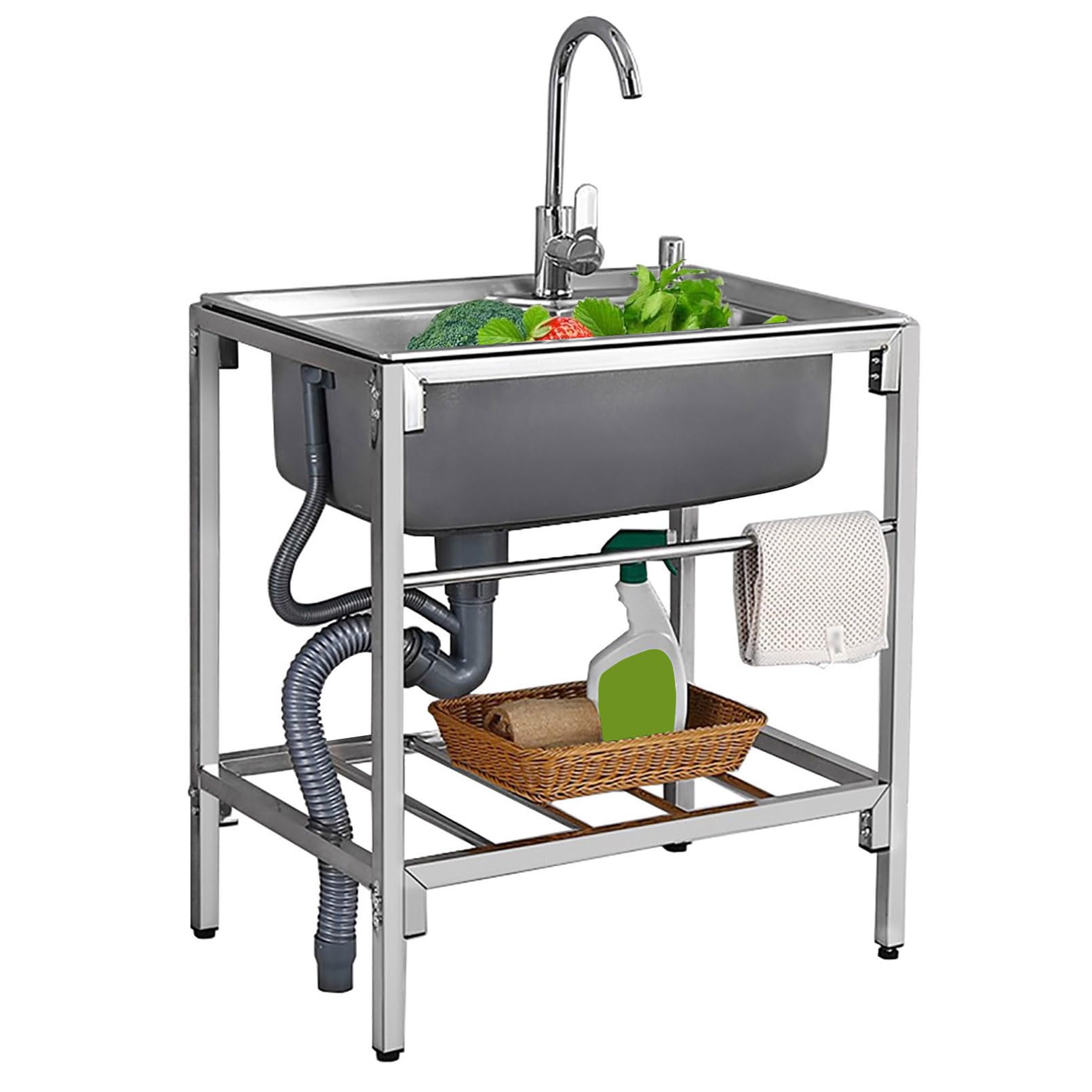 TAXXII Stainless Steel Utility Sink Single Bowl, Outdoor Garden Freestanding Commercial Restaurant Anti-Overflow with Hot and Cold Faucet, for Laundry Room, Garage (Silver, Size:71x47x75cm)