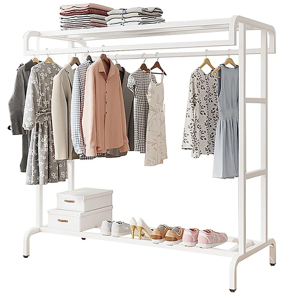 XDLEDMKIZ Minimalist Metal Freestanding Clothes Rack with Wheels Double Rail Garment Rack for Hanging Clothes and Shoes