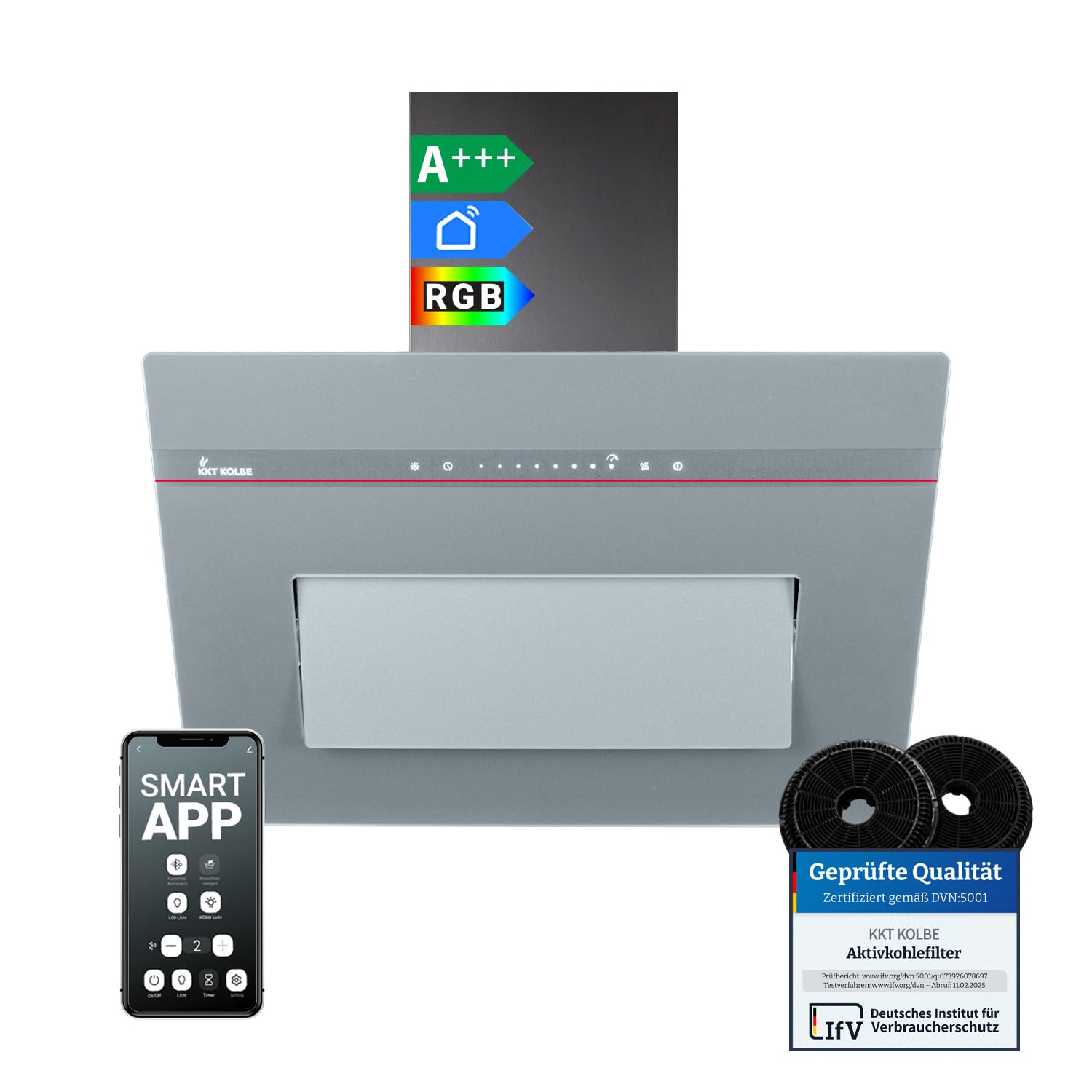 KKT KOLBE A+++ Campana extractora 60 cm 782 m³/h Uringang Cubierta de pared | Vidrio gris mate | Naloopautomatic | Smart WiFi App WLAN | SensorTouch | Iluminación LED RGBW | PLOOM6005G