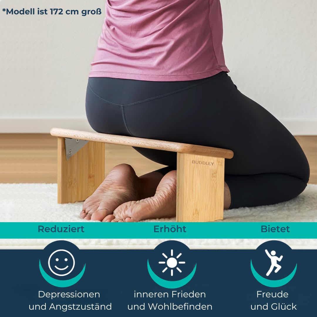 BUDDLEY Meditationsbank - Klappbar mit Kissen aus Baumwolle - Yogahocker - Meditationsstuhl Faltbar - Yogastuhl - Ergonomisch - aus Bambus