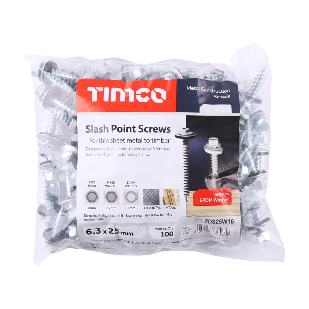 TIMCO Slash Point Screws - Hex - For Timber - Zinc - with EPDM Washer (Size 6.3 x 25-100 Pieces), Silver - Image 2