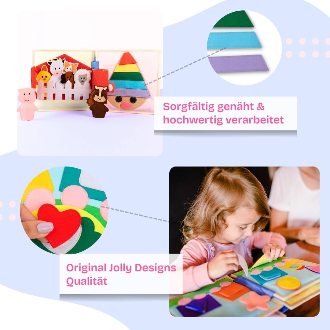 Jolly Designs – Pastell Junge Eule – 6 Seiten Premium Quiet Book – Montessori Spielzeug ab 1 Jahr – Motorik & Sensorik fördern – Handgefertigtes Filzbuch – Lernspielzeug für Kleinkinder – Busy Book