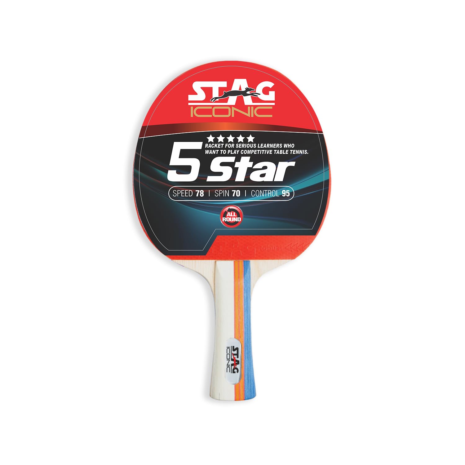 5 Star Table Tennis Racquet | ITTF Approved Rubber | Speed 75 Spin 75 Control 90 | Flared Handle | 6 Ply Wooden Blade | Professional TT Bat for Intermediate Players