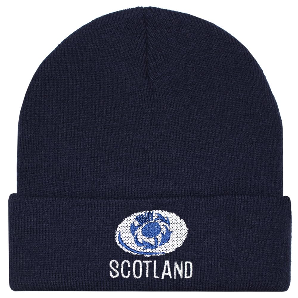 TeddyT's Scotland Rugby Ball & Scottish Thistle Thermal Rib Knit Navy Beanie Hat